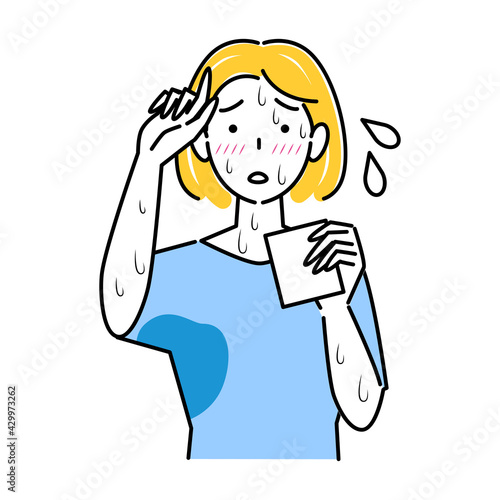 極度の汗かき体質で困っている女性 ハンカチで拭いても止まらない汗 顔汗 脇汗 腕汗 イラスト シンプル ベクター