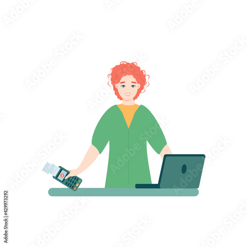 Smiling man holds a wireless terminal, Modern bank payment device. Pay by card concept. The internet store, online shop, web buying and paying. Cartoon design in vector.