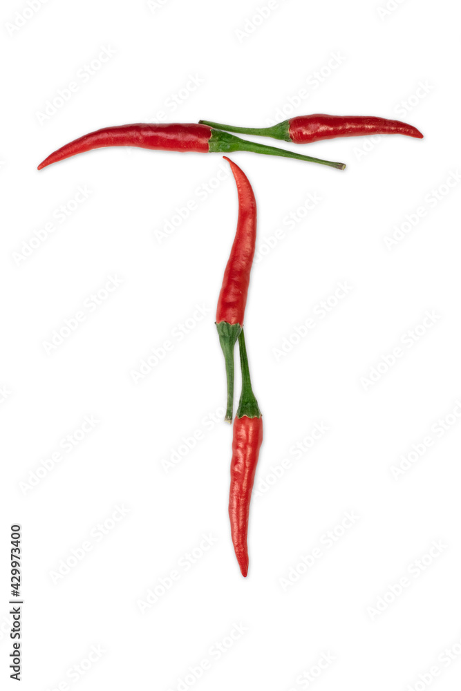 Font made of hot red chili pepper isolated on white - letter T Font made of hot red chili pepper isolated on white - letter T