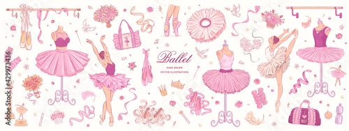 Hand drawn sketch ballet set. Vector illustration