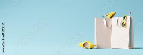 Fashion accessories bag, high heels, lipstick in bag shopping on pastel blue background. 3d rendering