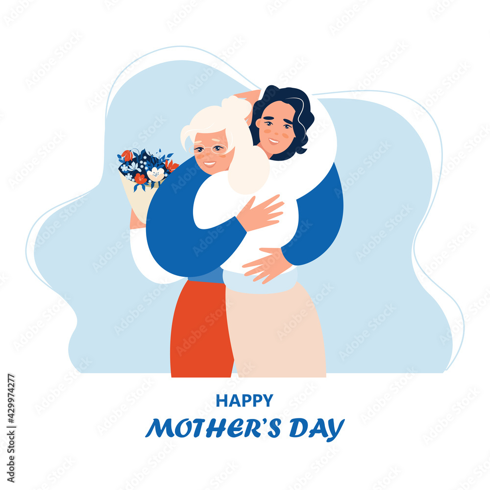 Young man with his old mother. Son and mother hug each other. Mothers day concept media. Vector flat design illustration. 