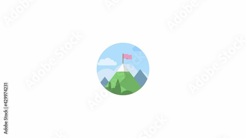 Animated mountains with red flag on top. Travel and nature in mountaion concept icon design.