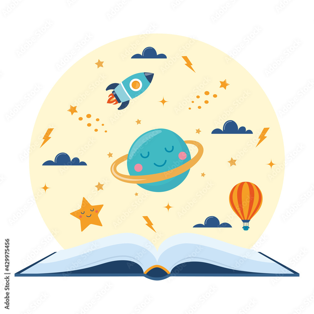 Open book and space elements. Planet, rocket, star, cloud, aerostat. Education concept for kids. Knowledge, creativity, discoveries. Design for educational motivational poster. Back to school. Vector.