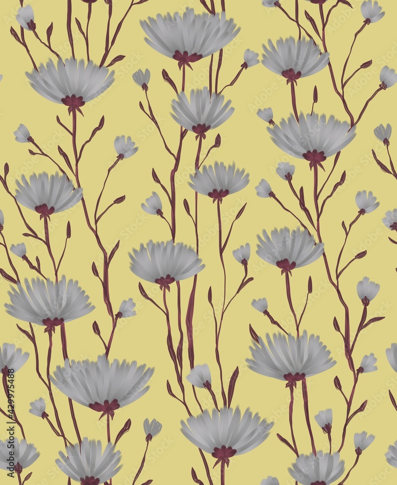 Seamless floral pattern. Abstract grey asters with leaves on a yellow background. Botanical illustration. Design of wallpaper, fabrics, textiles, packaging, posters, postcards, wedding design.
Seamless floral pattern. Abstract grey asters with leaves on a yellow background. Botanical illustration. Design of wallpaper, fabrics, textiles, packaging, posters, postcards, wedding design.