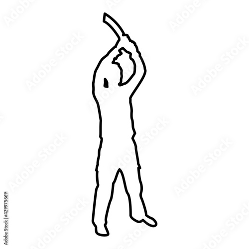 Man with sword machete from above Cold weapons in hand military man Soldier Serviceman in positions Hunter with knife Fight poses Strong defender Warrior concept Weaponry Stand contour outline black 