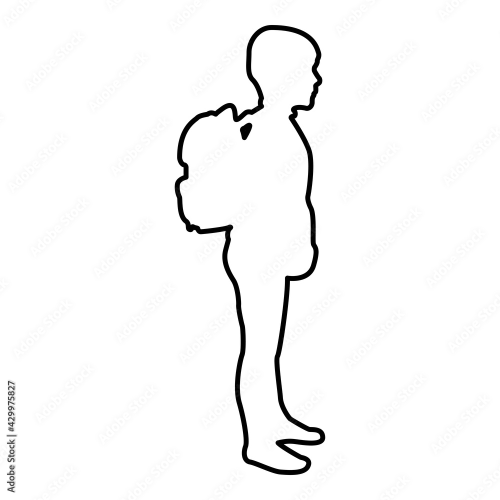 Schoolboy with backpack Pupil stand carrying on back Going to school concept Come back to school idea education Preschooler rucksack first September start lessons knapsack Side view contour outline Schoolboy with backpack Pupil stand carrying on back Going to school concept Come back to school idea education Preschooler rucksack first September start lessons knapsack Side view contour outline