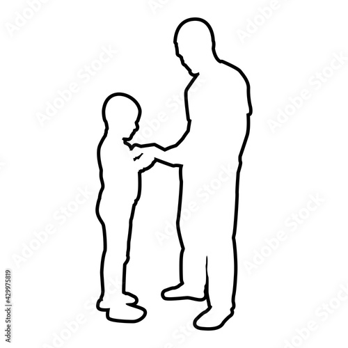 Man transmits thing to boy Father Male give book gadget smartphone son children take something Dad relationship Family concept Child friendship toddler daddy contour outline black color vector 