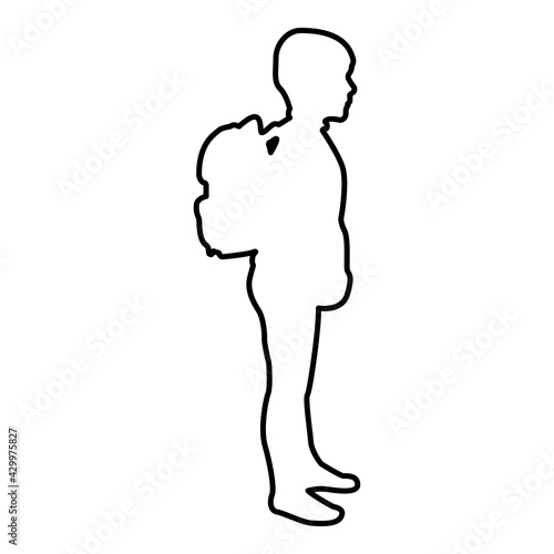Schoolboy with backpack Pupil stand carrying on back Going to school concept Come back to school idea education Preschooler rucksack first September start lessons knapsack Side view contour outline 