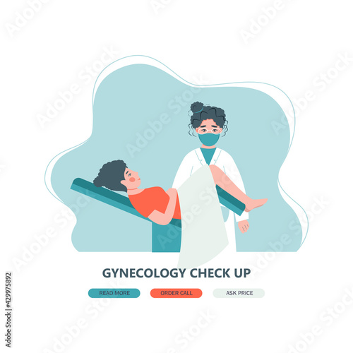 Gynecologist doctor examining woman lying in gynecological chair. Cervix checkup screening appointment. Female visiting gynecologist. Flat vector illustration

