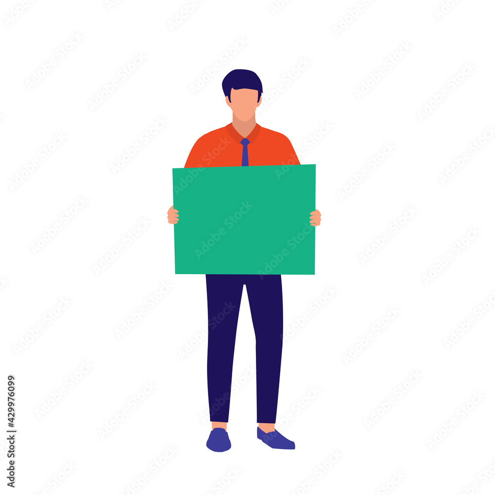 Businessman Holding A Blank Sign. Notice And Announcement Concept. Vector Flat Cartoon Illustration. Young Man With Empty Placard. Businessman Holding A Blank Sign. Notice And Announcement Concept. Vector Flat Cartoon Illustration. Young Man With Empty Placard.