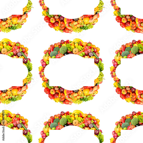 Large size seamless pattern. Fresh wholesome vegetables and fruits isolated on white