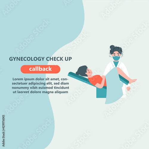 Gynecologist doctor examining woman lying in gynecological chair. Cervix checkup screening appointment. Female visiting gynecologist. Flat vector illustration

