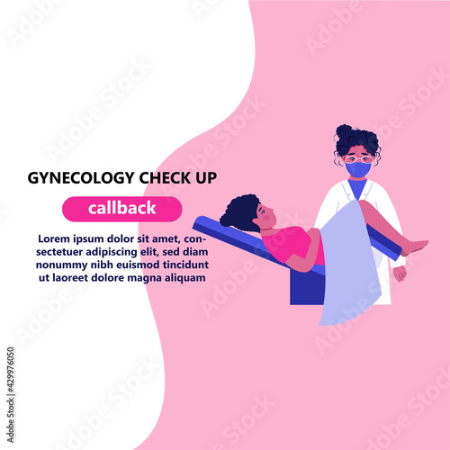 Gynecologist doctor examining woman lying in gynecological chair. Cervix checkup screening appointment. Female visiting gynecologist. Flat vector illustration

