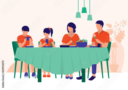 Teens Playing Phones While Having Meal With Parents. Poor Family Communication And Technology Addiction Concept. Vector Illustration Flat Cartoon. Children Ignoring Their Parents.