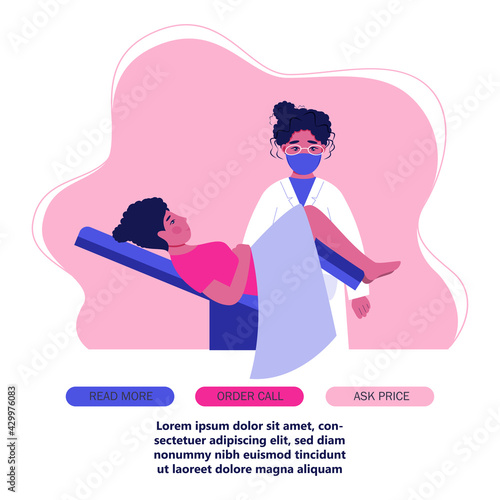 Gynecologist doctor examining woman lying in gynecological chair. Cervix checkup screening appointment. Female visiting gynecologist. Flat vector illustration


