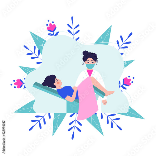 Gynecologist doctor examining woman lying in gynecological chair. Cervix checkup screening appointment. Female visiting gynecologist. Flat vector illustration

