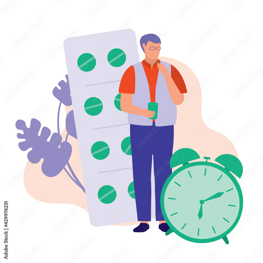 Old Man Reminded To Take Medicine. Medication And Reminder Concept. Vector Flat Cartoon Illustration. Senior Man Holding A Glass Of Water And Pills.