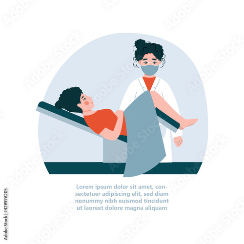 Gynecologist doctor examining woman lying in gynecological chair. Cervix checkup screening appointment. Female visiting gynecologist. Flat vector illustration

