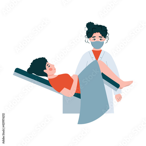 Gynecologist doctor examining woman lying in gynecological chair. Cervix checkup screening appointment. Female visiting gynecologist. Flat vector illustration

