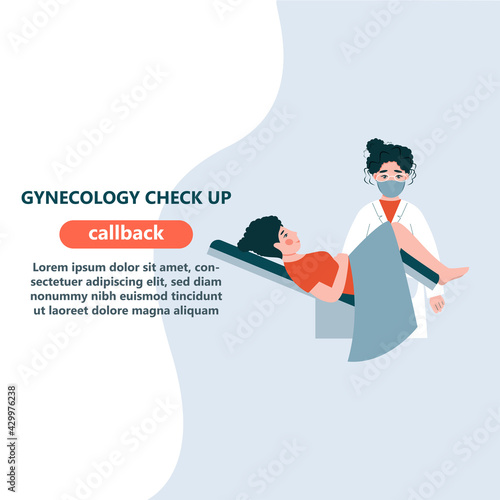 Gynecologist doctor examining woman lying in gynecological chair. Cervix checkup screening appointment. Female visiting gynecologist. Flat vector illustration

