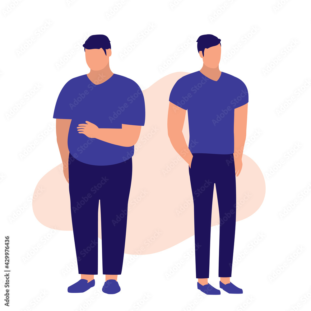 Man Before And After Weight Loss. Body Conscious Concept. Vector Flat Cartoon Illustration. Overweight And Slim Man Before And After Diet. Man Before And After Weight Loss. Body Conscious Concept. Vector Flat Cartoon Illustration. Overweight And Slim Man Before And After Diet.