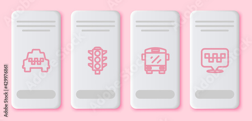 Set line Taxi car, Traffic light, Bus and Location with taxi. White rectangle button. Vector