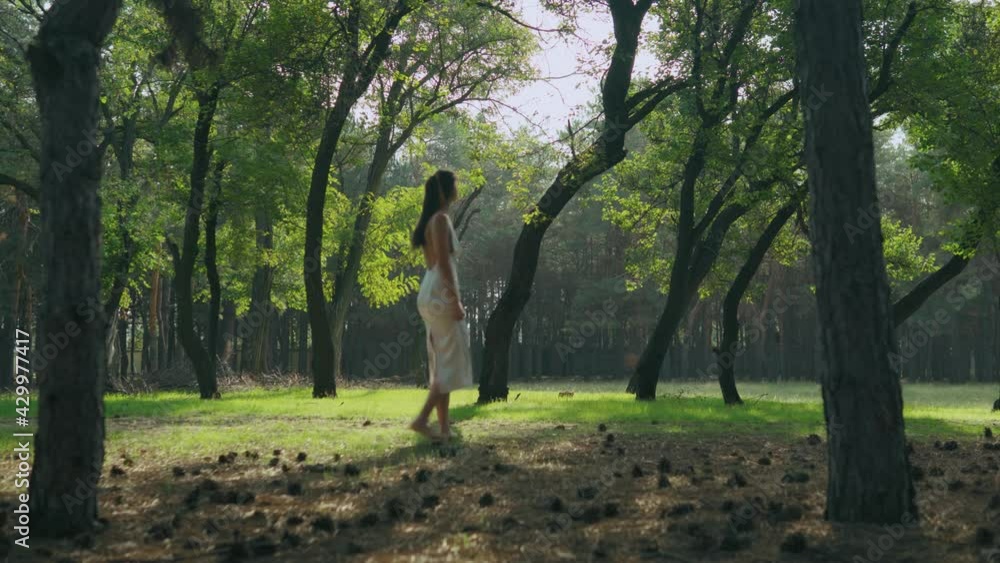 a girl in a white dress walks in the woods a girl in a white dress walks in the woods