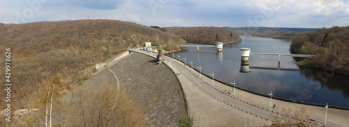 Panoramic view of the Gileppe Dam and Gileppe Lake near Jalhay in Wallonia, Belgium. The arch gravity dam is the highest in Belgium. photo