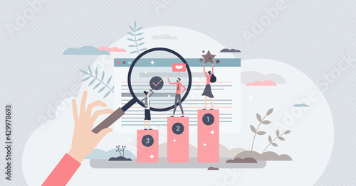 Online ranking and websites search engine top results tiny person concept. SEO for marketing optimization and internet browser positive quality assessment vector illustration. Network traffic analysis photo