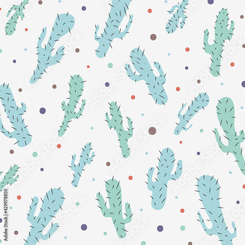 Hand drawn cactus pastels color pattern isolated on white background.