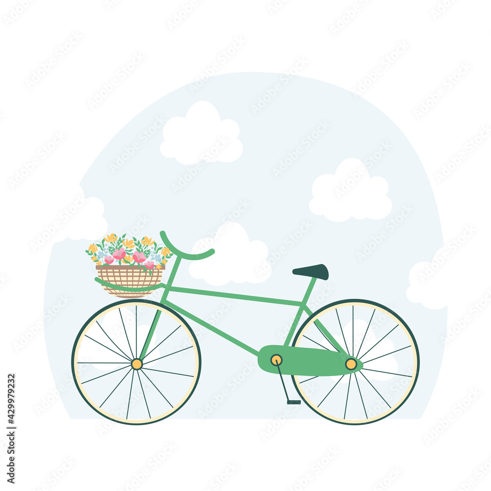 Flat vector Illustration of bicycle with flower basket. Flowers delivery service. 