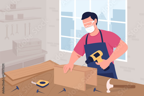 Male carpenter in mask and protective glasses at work flat color vector illustration. Creative craft and hobby. Handyman 2D cartoon character with woodworking studio interior on background