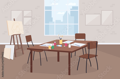 Art classroom flat color vector illustration. Artistic hobby class. Learn painting. Drawings on table. Classroom for workshop 2D cartoon interior with easel, furniture on background