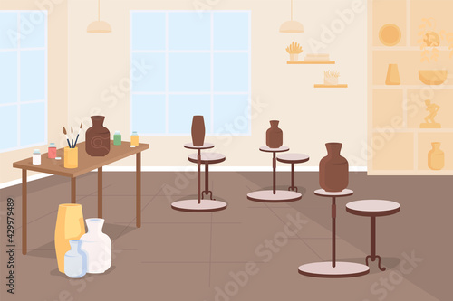 Pottery class flat color vector illustration. Learn creative craft for hobby. Pottery wheel. Handmade ceramics. Make vase from clay. Classroom 2D cartoon interior with furniture on background