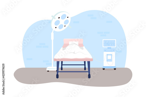 Operating room 2D vector web banner, poster. Health care. Clinical bed, medical treatment. Hospital interior flat scene on cartoon background. Medicine printable patch, colorful web element