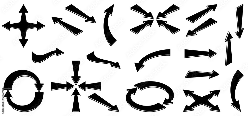 A collection of black and white arrows in different angles.Set of a ...