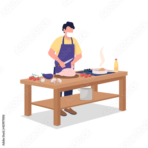 Male cook in face mask flat color vector faceless character. Man preparing food. Cooking, culinary class during epidemic isolated cartoon illustration for web graphic design and animation