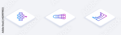 Set Isometric line Hopscotch, Badminton shuttlecock and Boat swing. White square button. Vector