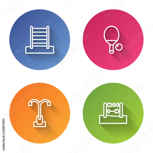 Set line Swedish wall, Racket and ball, Street light and Abacus. Color circle button. Vector