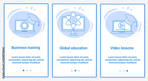 Modern flat illustrations in the form of a slider for web design. A set of UI and UX interfaces for the user interface.The topic is Business training, global education and video lessons.