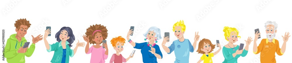 Group of people of different ages and nationalities with smartphones in their hands. They take selfies, talk, use the Internet. Banner in cartoon style. Isolated on white. Vector flat illustration Group of people of different ages and nationalities with smartphones in their hands. They take selfies, talk, use the Internet. Banner in cartoon style. Isolated on white. Vector flat illustration