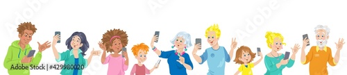 Group of people of different ages and nationalities with smartphones in their hands. They take selfies, talk, use the Internet. Banner in cartoon style. Isolated on white. Vector flat illustration