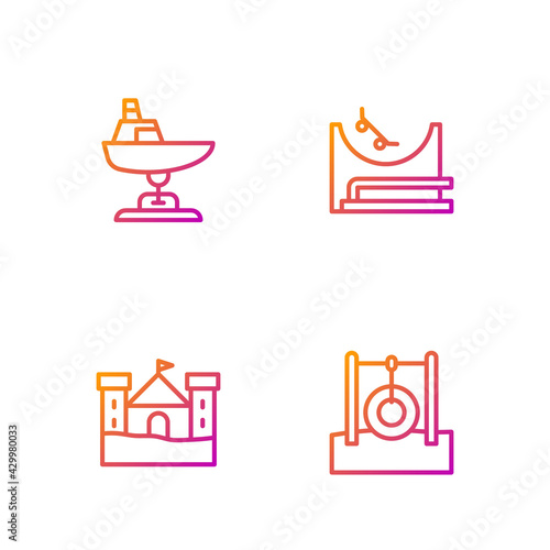 Set line Car tire hanging on rope, Sand castle, Swing boat and Skate park. Gradient color icons. Vector