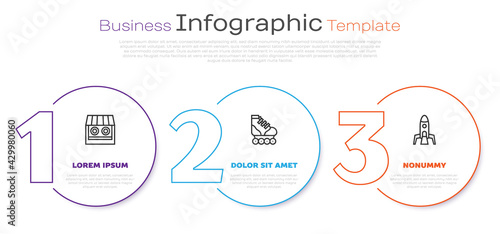 Set line Shooting gallery, Roller skate and Rocket ship. Business infographic template. Vector