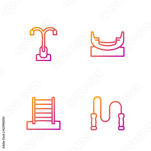 Set line Jump rope, Swedish wall, Street light and Boat swing. Gradient color icons. Vector