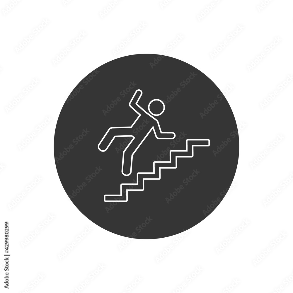 Warning sign risk falling stairs. Vector line white icon Warning sign risk falling stairs. Vector line white icon