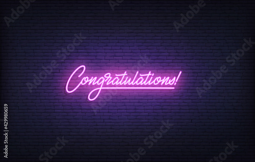 Congratulations neon sign. Glowing neon lettering Congratulations template