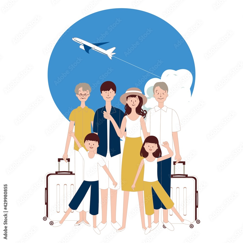 スーツケースを持って旅行する三世帯家族　青空と飛行機
