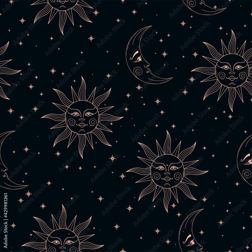 Vector magic seamless pattern with sun moon and stars Vector magic seamless pattern with sun moon and stars